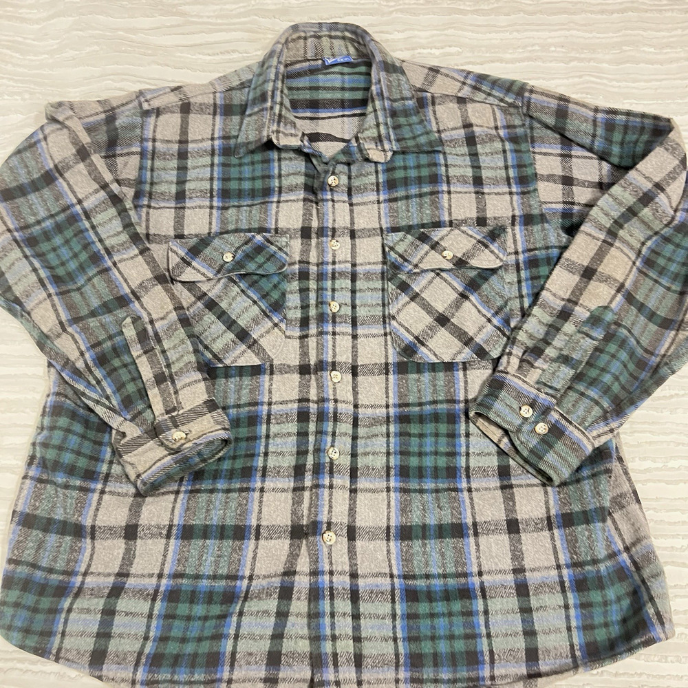 Vintage Mighty Mac Flannel Shirt Extra Large Gray Green Plaid Grunge USA 80s